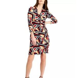NWT Anne Klein Sz 1X Geometric Poppy Combo Faux Wrap Dress 3/4 Sleeve V-Neck NEW